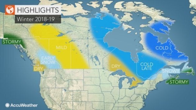 Eastern Canadians can expect lots of snow this winter, while Westerners will experience a bit of a drought, says Accuweather.