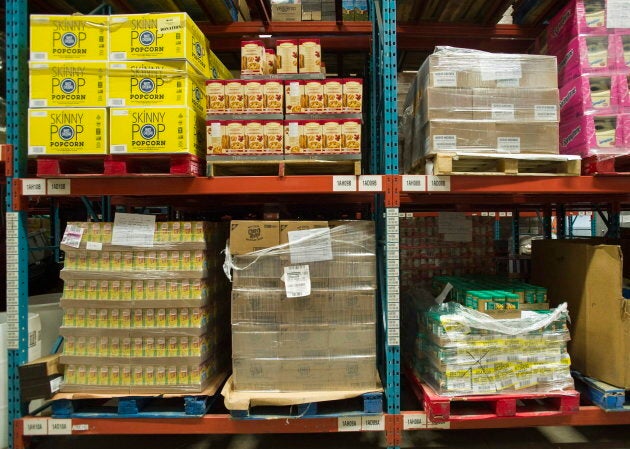 Pallets of food are shown at the Welcome Hall Mission food bank in Montreal on March 14, 2017.