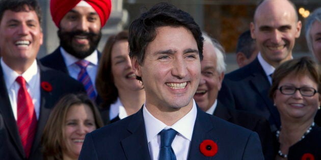 Prime Minister Justin Trudeau holds a news conference with his cabinet after they were sworn in at Rideau Hall in Ottawa on Nov. 4, 2015.