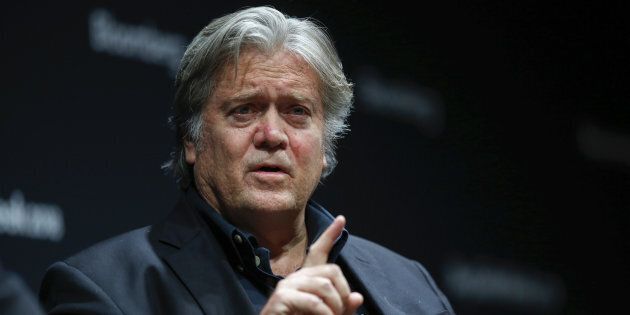 Steve Bannon, former chairman of Breitbart and former Trump political strategist, gestures as he speaks during an interview at the Bloomberg Invest London event in London on Oct. 10, 2018.