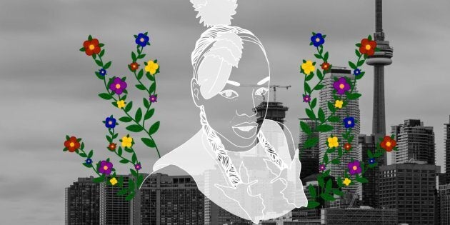 Nenookaasi Ogichidaa over the city of Toronto. Portrait by Nalakwsis.