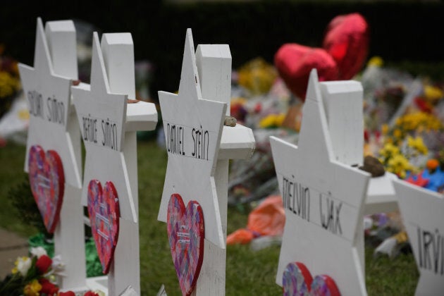 A memorial for victims of the mass shooting that killed 11 people and wounded six at the Tree Of Life Synagogue on Oct. 29, 2018 in Pittsburgh, Penn.