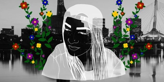 Sadie-Phoenix Lavoie over the city of Winnipeg. Portrait by Nalakwsis.