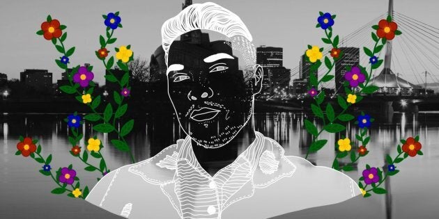 Quinton Delorme over the city of Winnipeg. Portrait by Nalakwsis.