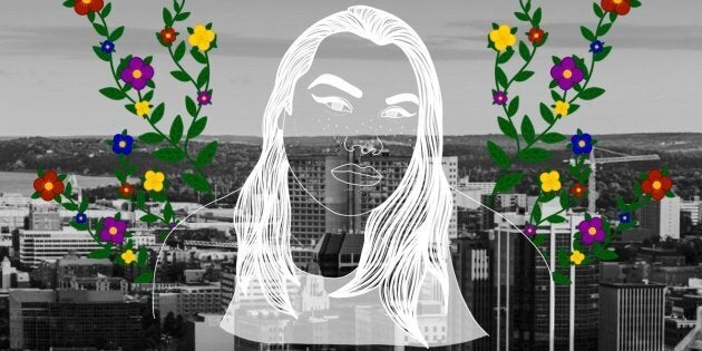 Arielle Twist over the city of Halifax. Portrait by Nalakwsis.