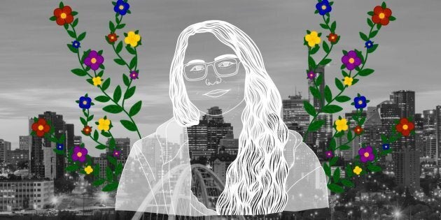 Molly Swain over the city of Edmonton. Portrait by Nalakwsis.