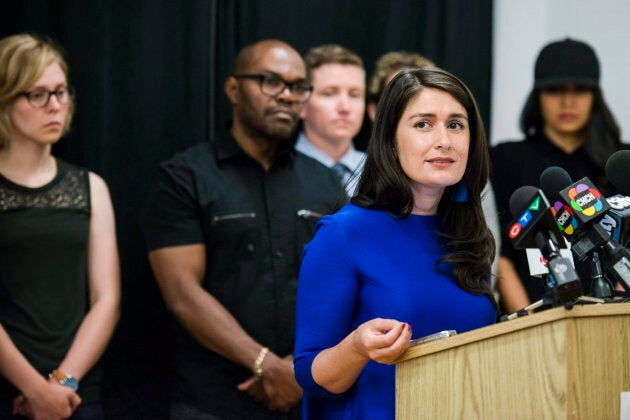 Farrah Khan, the former co-chair of Ontario's roundtable on Violence Against Women, speaks at a press conference with other advocates against the changes to the sex ed curriculum under Ontario's PC government.