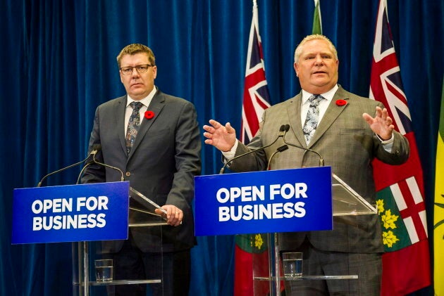 Saskatchewan Premier Scott Moe, left, and Ontario Premier Doug Ford hold a joint news conference on Oct. 29, 2018.