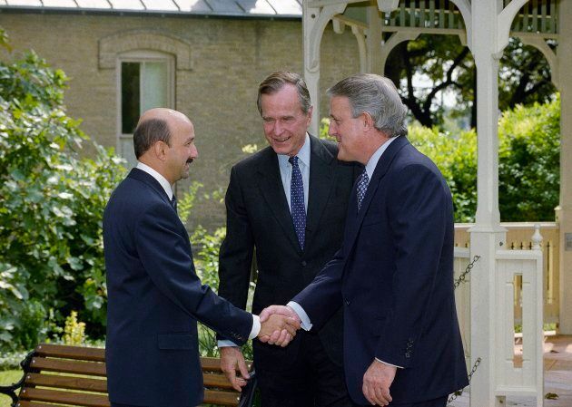 Former Mexican president Carlos Salinas de Gortari is shown greeting former Canadian prime minister BrianMulroney and former U.S. President George H.W. Bush, at a NAFTA ceremony on Oct. 7, 1992 in San Antonio, Texas.