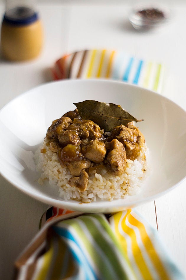 Chicken and pork adobo over rice.