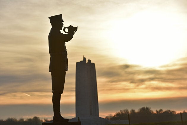 A replica bugler statue, a copy of one on CFB Borden, greets visitors to the new park. The Canadian National Vimy Memorial can be seen in the background