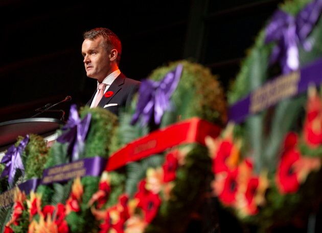 Minister of Veterans Affairs Seamus O'Regan speaks during the Candlelight Tribute for Veterans at the National War Museum in Ottawa on Nov. 5, 2018.