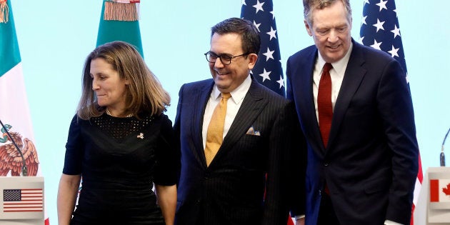 Foreign Minister Chrystia Freeland with then-Mexican Economy Minister Ildefonso Guajardo and U.S. Trade Representative Robert Lighthizer at a joint news conference on the closing of the seventh round of NAFTA talks in Mexico City, Mexico, March 5, 2018.