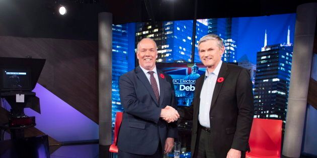 B.C. Premier John Horgan and Liberal Leader Andrew Wilkinson are photographed following an electoral reform debate at Global Television in Burnaby, B.C on Nov., 8, 2018.
