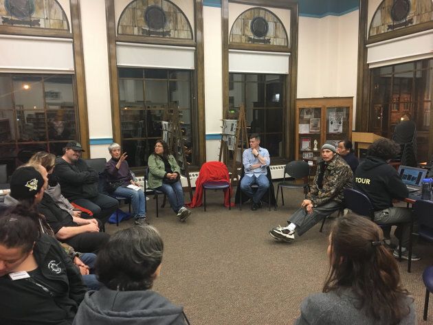 Disrupt holds a community meeting at a library in Thunder Bay, Ont.