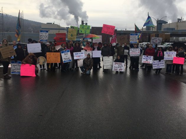 Disrupt members protest PC policies during Premier Doug Ford's October visit to Thunder Bay, Ont.