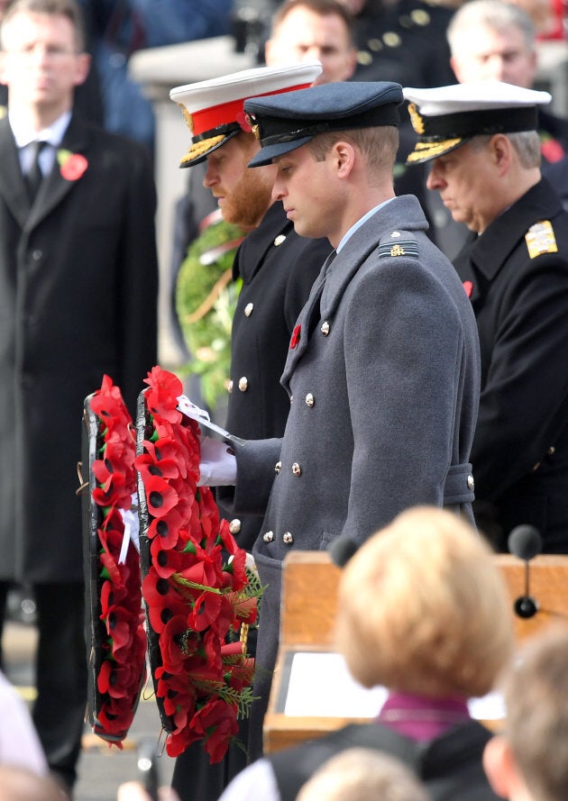 Prince Harry and Prince William lay a wreath during the annual Remembrance Sunday memorial at The Cenotaph.