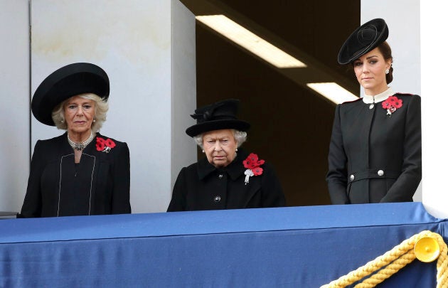 Camilla, Duchess of Cornwall, Queen Elizabeth II, and Catherine, Duchess of Cambridge.