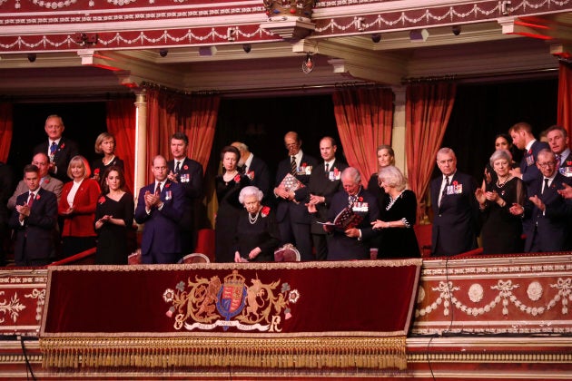 Queen Elizabeth II with Kate Middleton, Prince William, Vice Admiral Sir Tim Laurence, Princess Anne, Prince Michael of Kent, Prince Edward, Prince Edward, Prince Charles, Sophie, Countess of Wessex, Camilla, Duchess of Cornwall, Prince Andrew, Meghan, Duchess of Sussex, Prime Minister Theresa May, Prince Harry, and Philip May attend the Royal British Legion Festival of Remembrance at the Royal Albert Hall on Saturday.