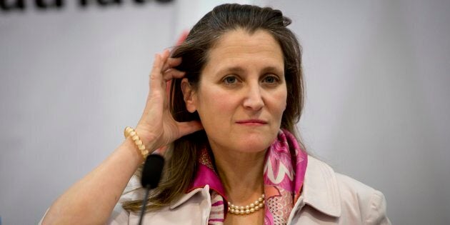 Foreign Affairs Minister Chrystia Freeland attends a joint news conference with Palestinian Foreign Minister Riyad al-Maliki in the West Bank city of Ramallah on Nov. 1, 2018.