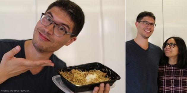 Amir Ahmed poses with biryani (left); Ahmed and Carine Abouseif (right)