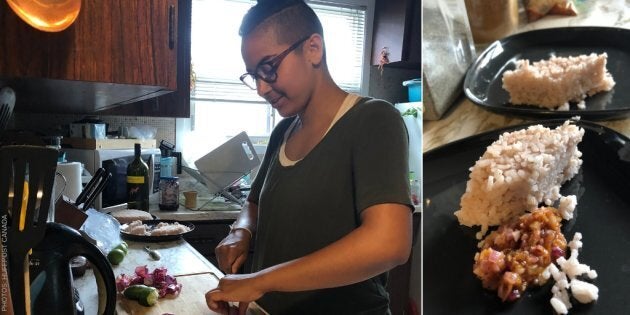 Artist Kumari Giles chops onions in their kitchen in Toronto, Ont. (left); a plate of katta sambol, adapted from their grandmother's recipe (right).