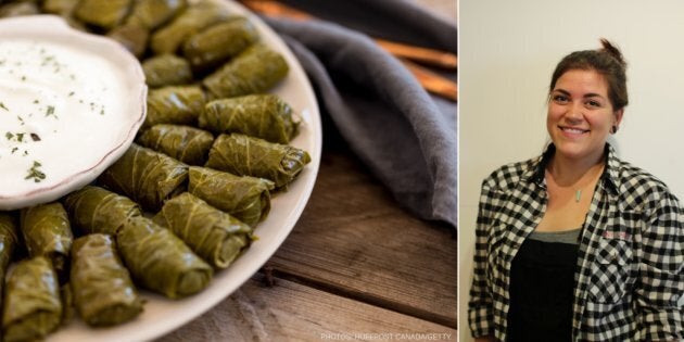 Warak enab, stuffed grape vine leaves, on a plate (Left); the rolls are among law student Tasha Stansbury's favourite Lebanese food. (Right)