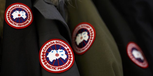 Logo patches are seen on winter jackets inside the Canada Goose Holdings Inc. production facility in Toronto.