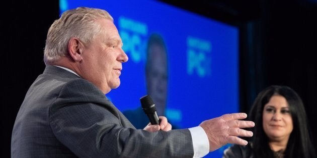 Ontario Premier Doug Ford speaks onstage during the Progressive Conservative convention in Etobicoke, Ont. on Nov. 17, 2018.