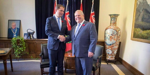 Ontario Premier Doug Ford meets with Federal Conservative Leader Andrew Scheer in the Queens Park Legislature in Toronto on Oct. 30, 2018.