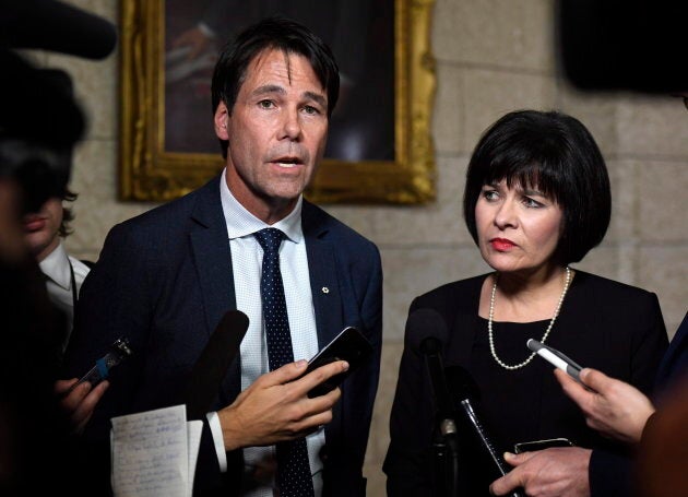 Eric Hoskins, former Ontario minister of health, stands with Health Minister Ginette Petitpas Taylor on Parliament Hill on Feb. 27, 2018. Hoskins chairs a federal government advisory council to implement a national pharmacare plan