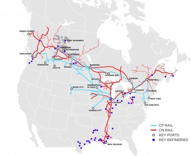A map of Canada's oil-by-rail network and its connection to U.S. terminals.