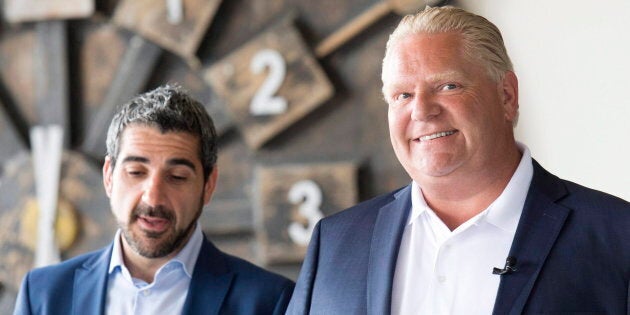 MPP Ross Romano stands with Ontario Premier Doug Ford in Sault Ste. Marie on June 1, 2018.