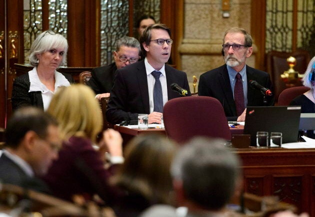 Stephane Perrault (left), Chief Electoral Officer of Canada, and Yves Cote, Commissioner of Canada Elections, appear as witness for a Committee of the Whole regarding Bill C-76 in the Senate on Parliament Hill in Ottawa on Nov. 6, 2018.