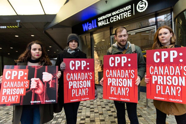 Protesters gather outside the CPPIB meeting in Vancouver on Nov. 26, 2018.