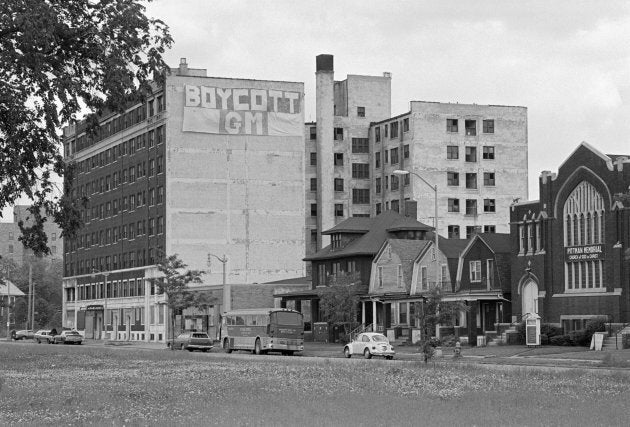 A "Boycott GM" sign hangs from a building in the Poletown neighbourhood of Detroit, Mich. in 1982. The community was razed to make room for a General Motors plant.