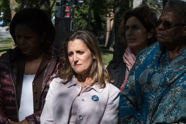 Canadian Foreign Minister Chrystia Freeland and other foreign ministers commemorate victims of gender and sexual-based violence by remembering the Ecole Polytechnique massacre in Montreal, Canada, on Sept. 22, 2018.