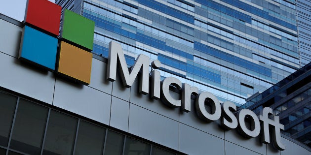 The Microsoft sign is shown on top of the Microsoft Theatre in Los Angeles, Oct. 19, 2018.