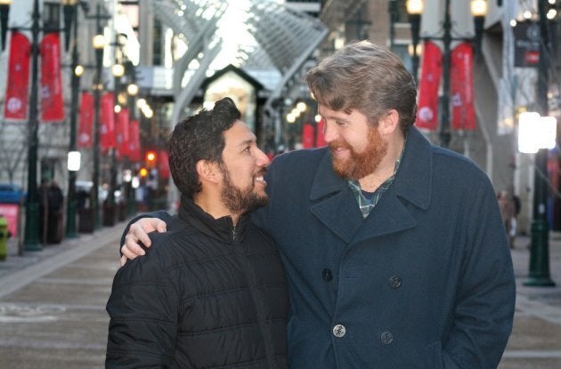 Miranda (l) and Brown pose for a photo in downtown Calgary.