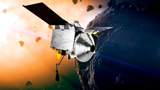 This illustration provided by NASA depicts the OSIRIS-REx spacecraft, equipped with a Canadian laser scanning system, at the asteroid Bennu.