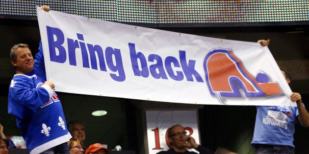 A Quebec Nordiques fan shows his support for their return to the NHL at a game between the Calgary Flames and the Ottawa Senators at Scotiabank Place on Jan. 14, 2011 in Ottawa.