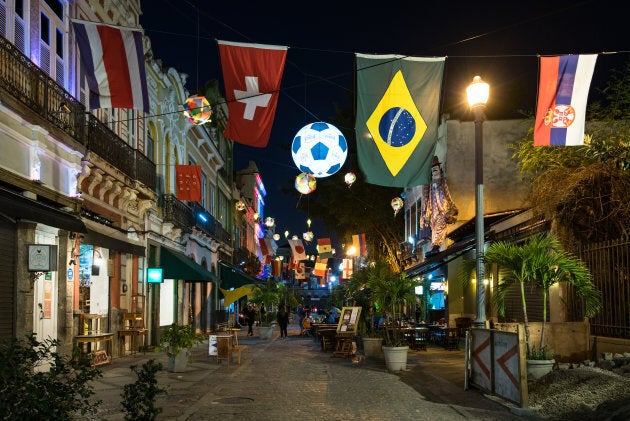 Rio's Lavradio street is decorated with country flags during the World Cup 2018 in Rio de Janeiro, Brazil.