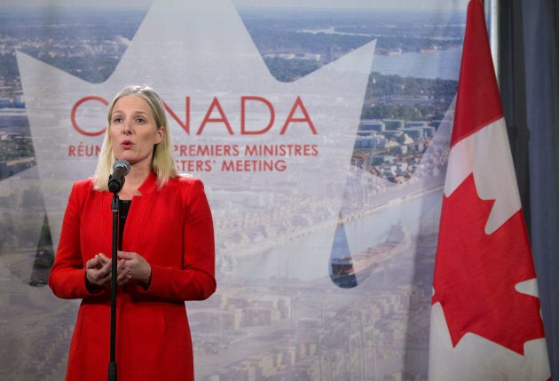 Federal Environment Minister Catherine McKenna speaks to the press following the First Ministers' Meeting in Montreal, Dec. 7, 2018.