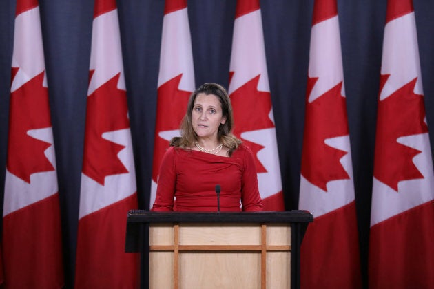 Canada's Foreign Affairs Minister Chrystia Freeland speaks during a news conference in Ottawa on Dec. 12, 2018.