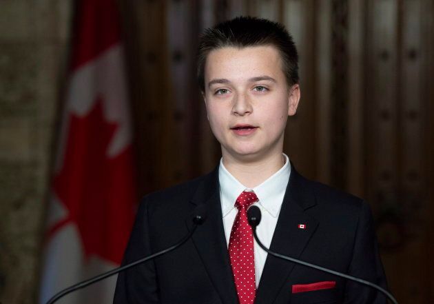 Aiden Anderson, who became prime minister for a day with the help of the Make-A-Wish foundation, addresses the media in the foyer of the House of Commons on Dec. 12, 2018 in Ottawa.