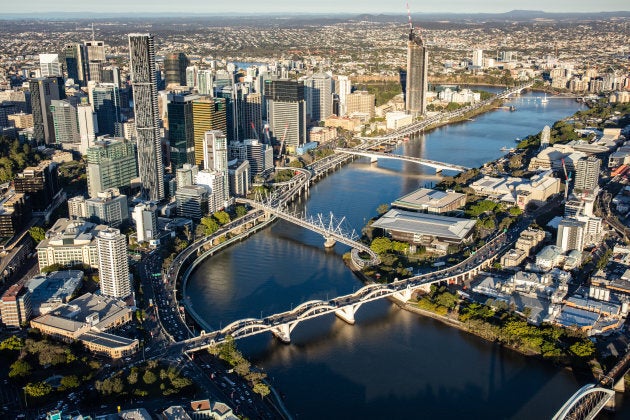 A helicopter view of the city of Brisbane, Australia.