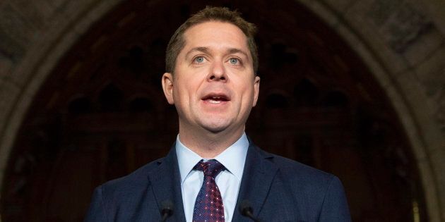 Opposition Leader Andrew Scheer holds an end of session news conference in the Foyer of the House of Commons in Ottawa on Dec. 13, 2018.