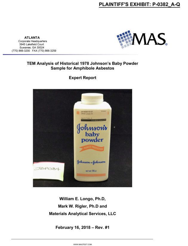 The front page of a report analyzing a sample of Johnson's Baby Powder from 1978, entered in court as a plaintiff's exhibit in a case against Johnson & Johnson, is pictured in this undated handout photo.