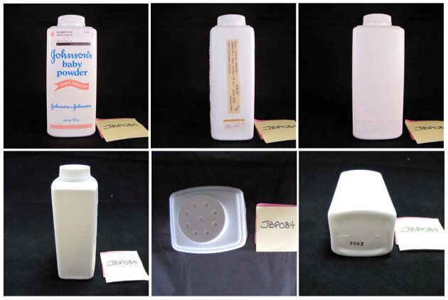 A combination of handout photographs used in a report analyzing a sample of Johnson's Baby Powder from 1978, entered in court as a plaintiff's exhibit in a case against Johnson & Johnson.