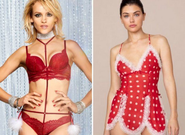 Left: La Senza's Santa Barely-There Bodysuit, available for $39.99. Right: Agent Provocateur's Ismay Slip Red And White, which retails at $680.